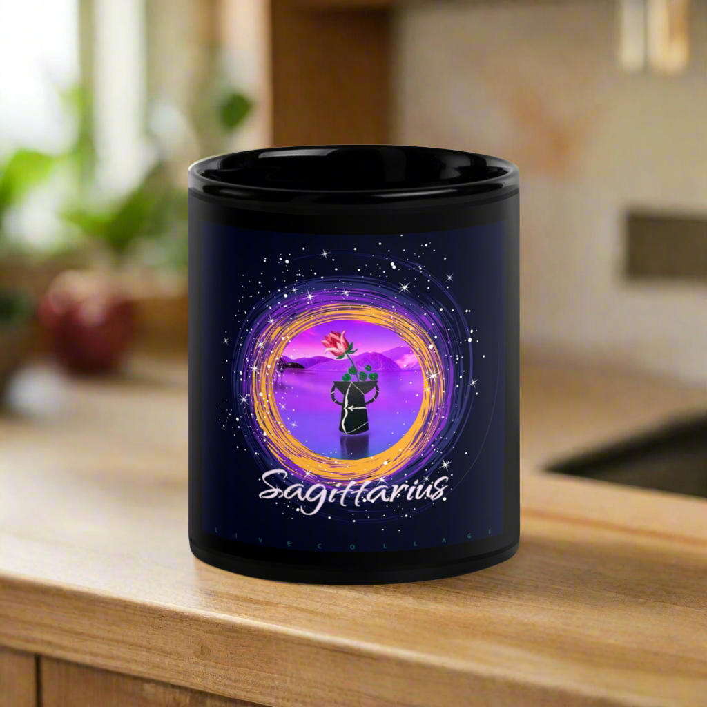 Sagittarius Bloom, Black Glossy Mug Toiys Free Spirit Art